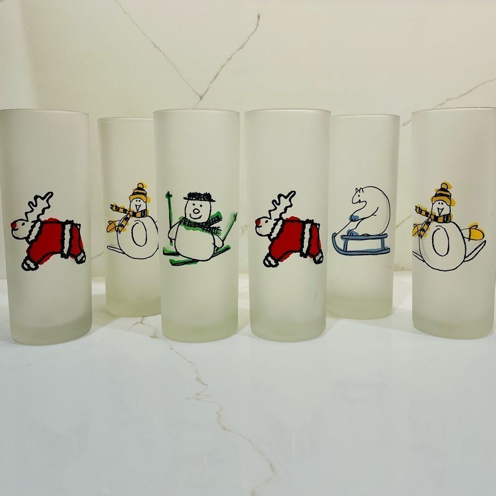 Vintage French Frosted Holiday Glasses- set of 6- Made in France
